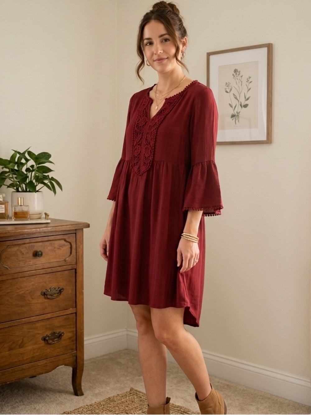 Knox Rose Burgundy Boho Lace Bell Sleeve High Low Dress S - Picture 1 of 10